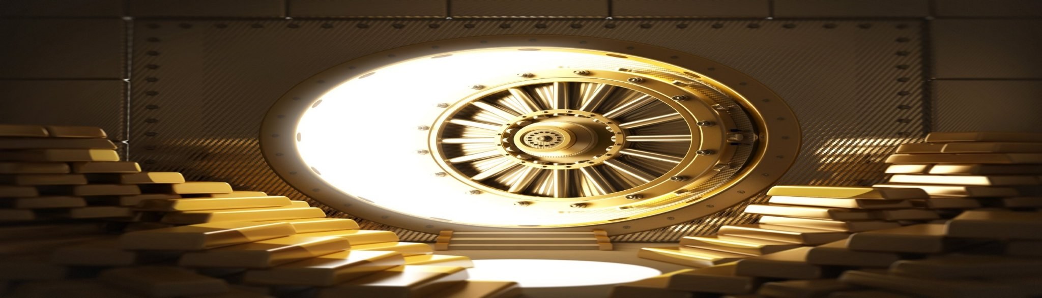 Massive circular vault door surrounded by gold bars